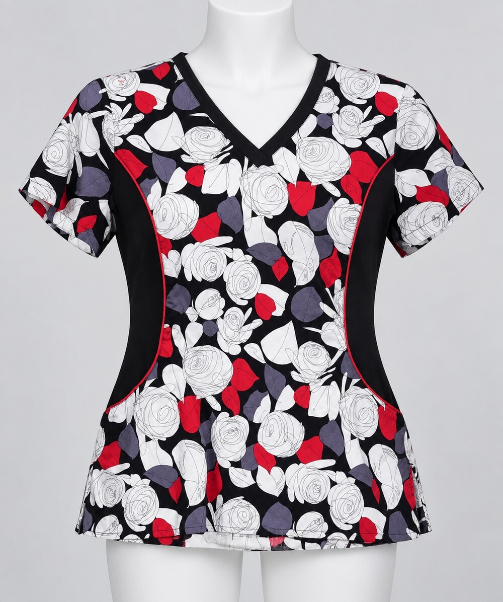 White Cross Black Floral Print V-Neck Scrub Top Medical Uniform